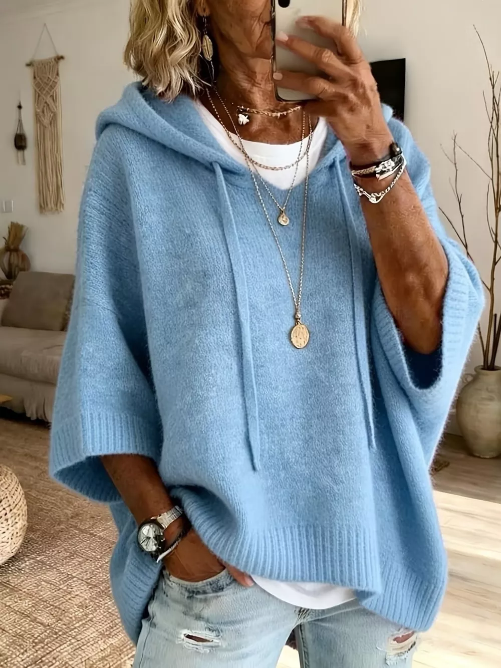 Full Size Casual Hooded Batwing Sleeve Knit Sweater Plus Size, image 16