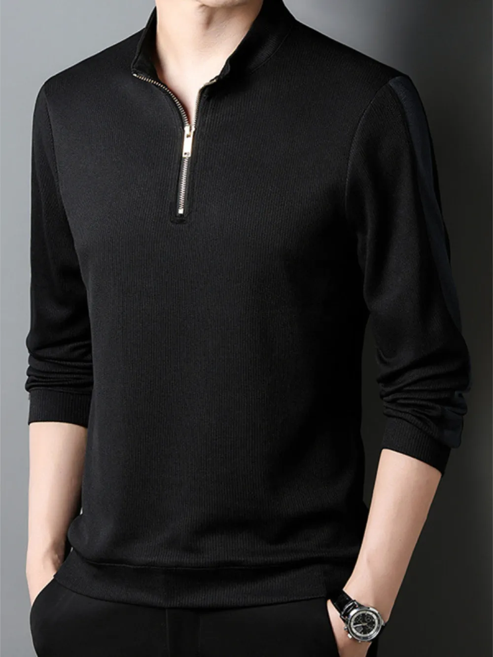 Men's Plus Size Quarter Zip Long Sleeve Polo, image 2