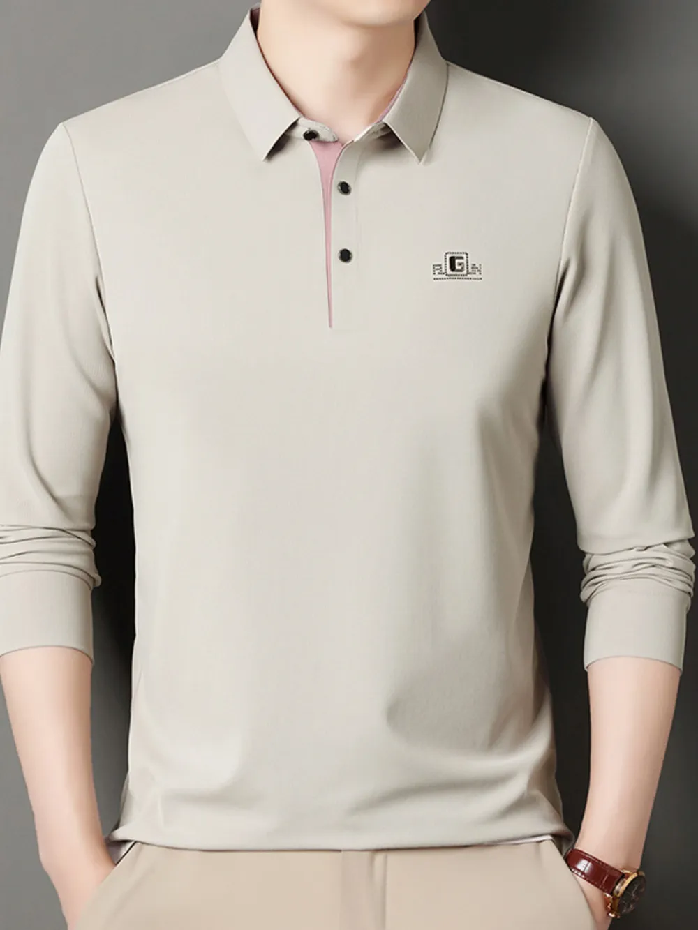 Men's Button Detail Long Sleeve Polo, image 3