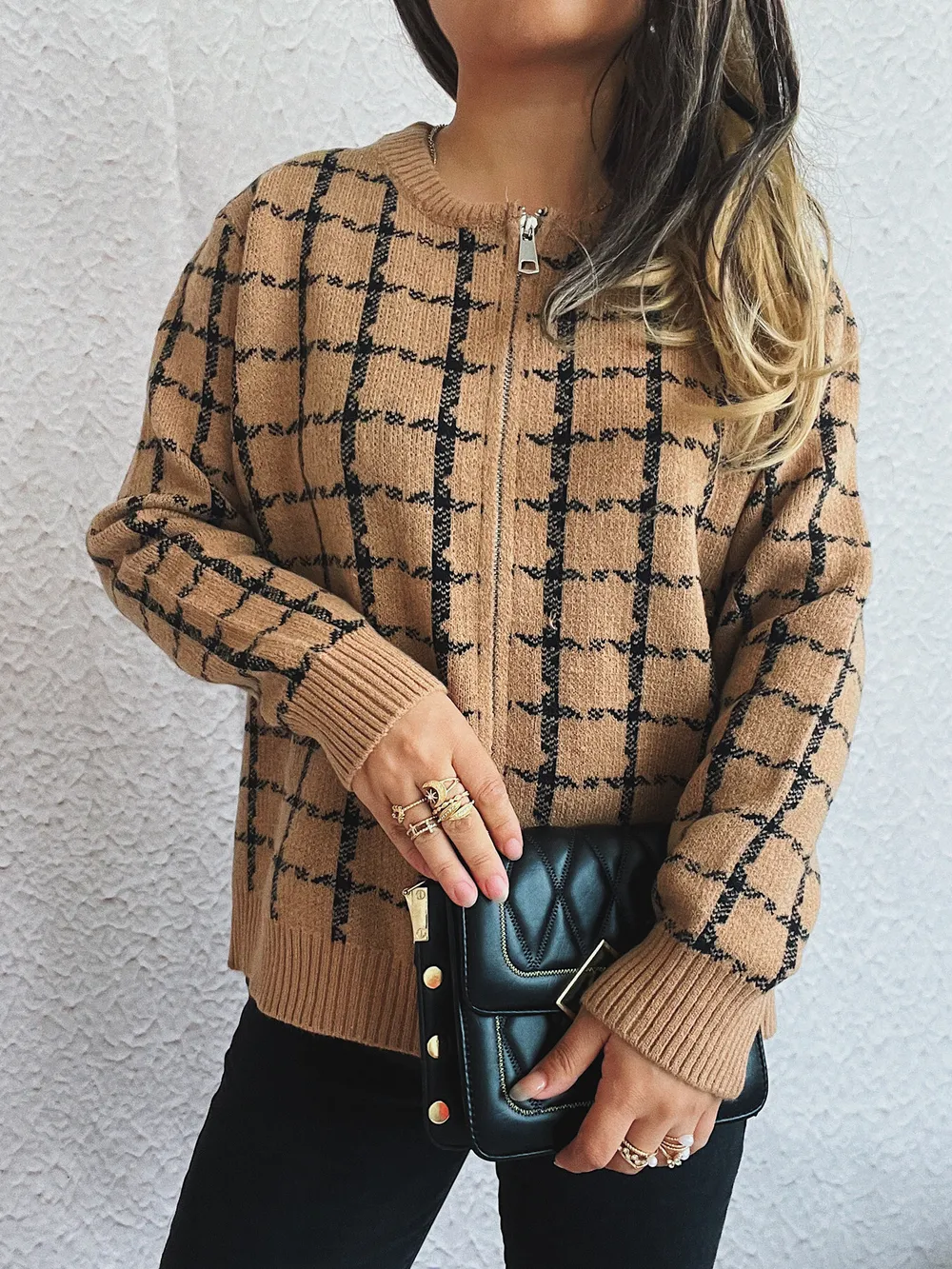 Plaid Pattern Zip Up Cardigan, image 6