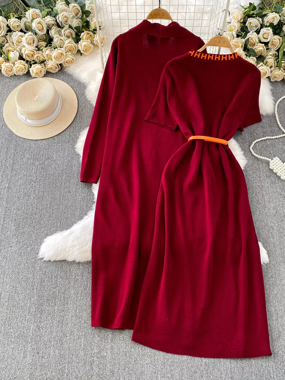 Round Neck Knitted Dress & Cardigan Set, image 7