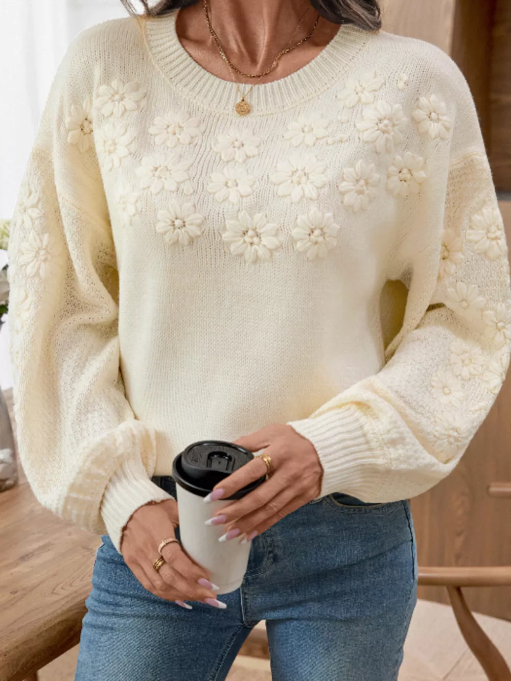 Flower Round Neck Long Sleeve Sweater