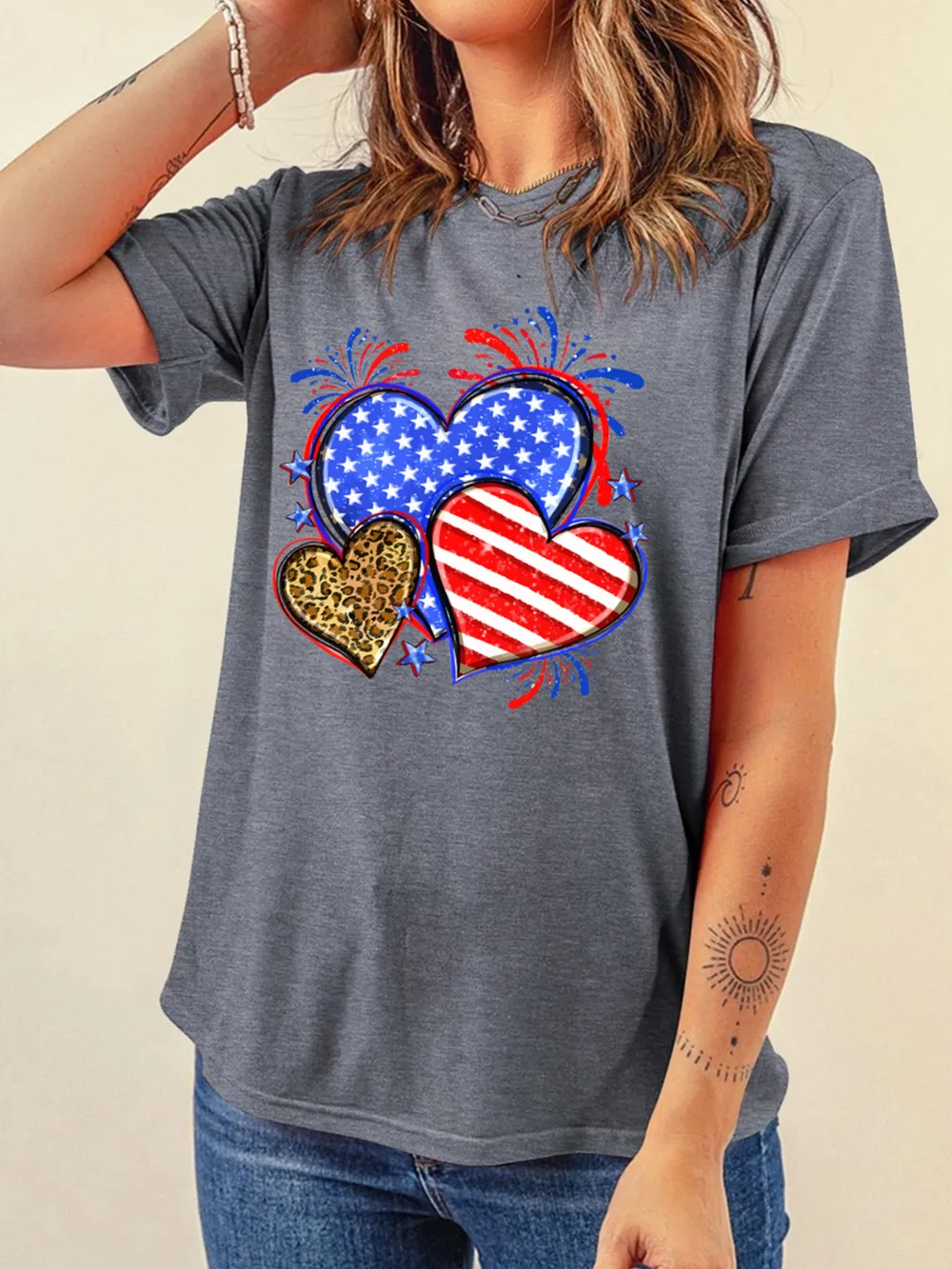 American Heart Graphic Round Neck T Shirt, image 3