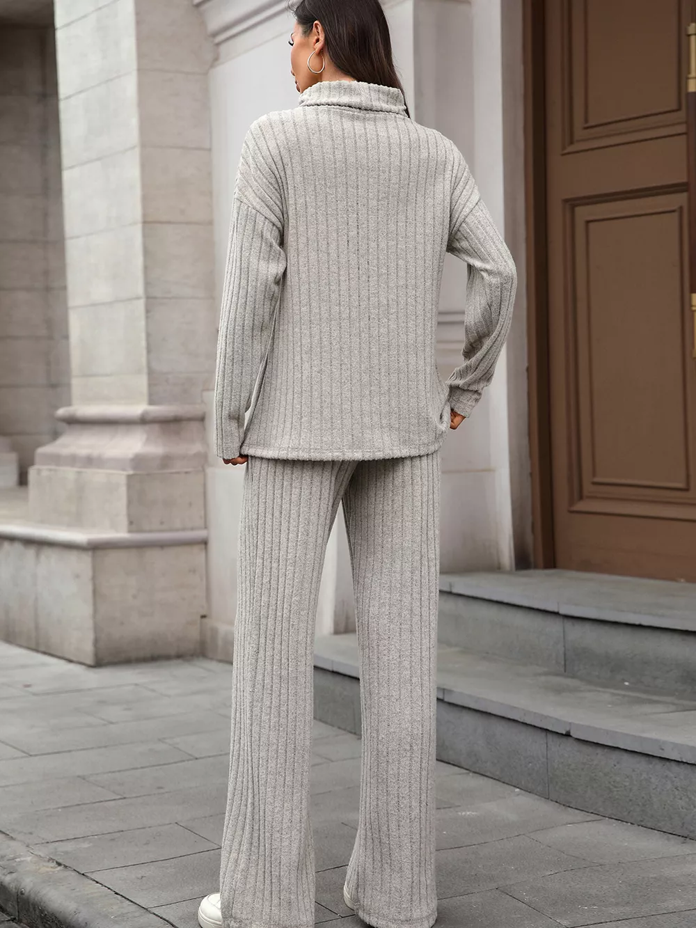 Ribbed Turtleneck Dropped Shoulder Top and Pants Sweater Set, image 8