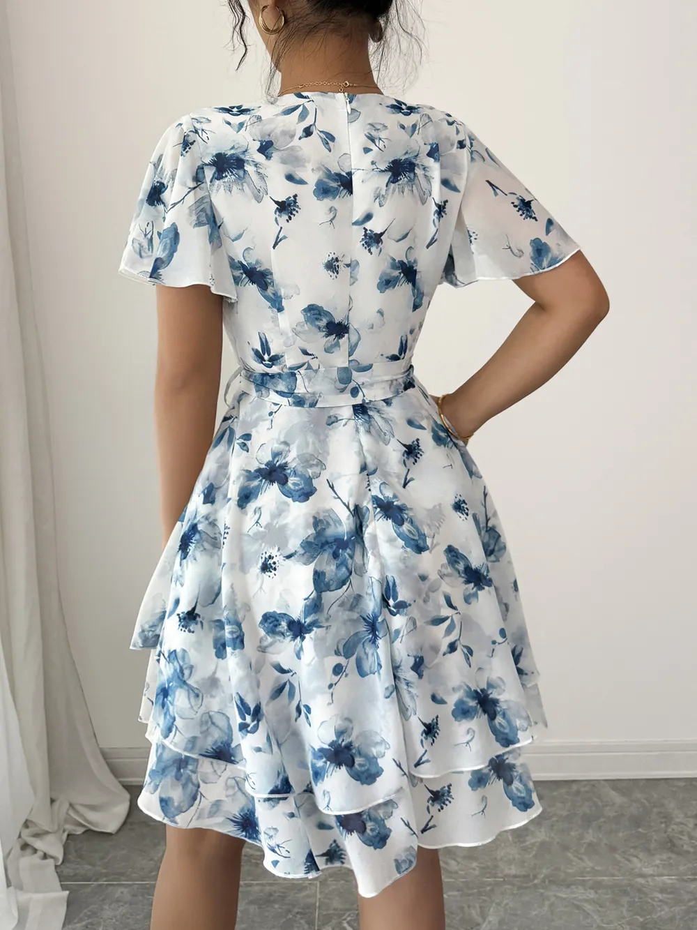 Printed Surplice Layered Mini Dress, image 4