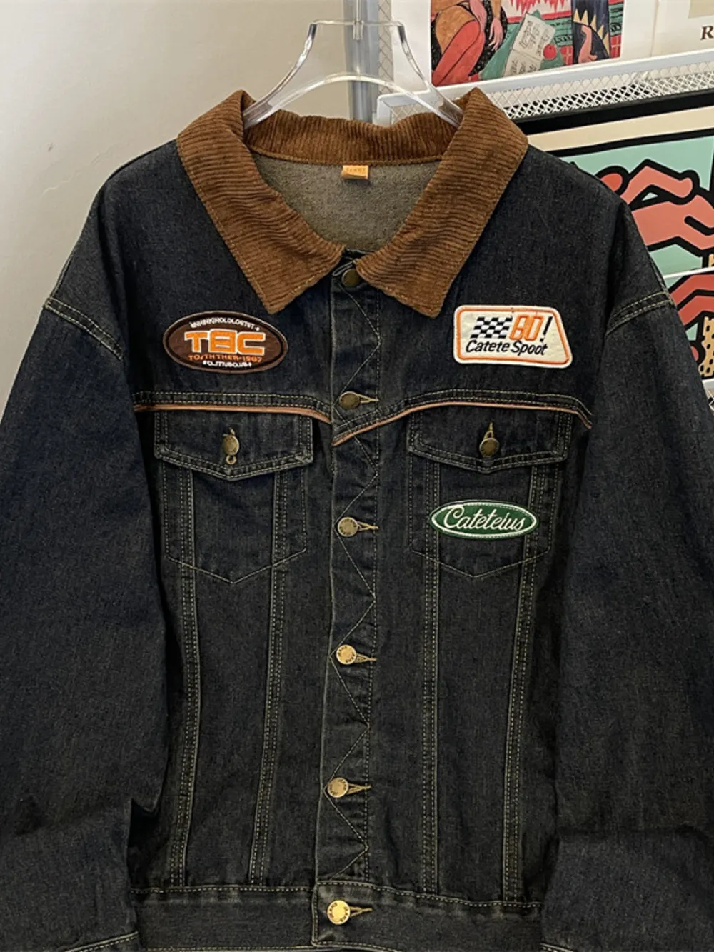 Men's Plus Size Corduroy Collar Button Up Denim Jacket, image 4