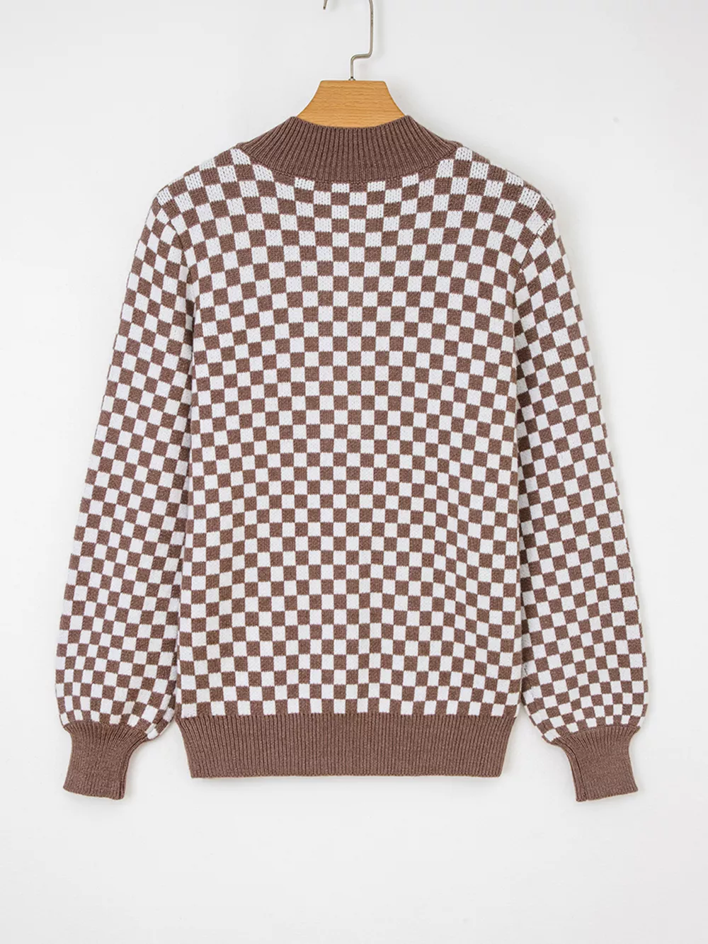 Half Button Ribbed Trim Checkerboard Knit Sweater, image 7