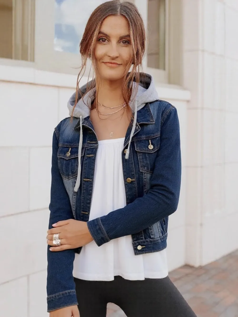 Full Size Button Up Drawstring Hooded Denim Jacket Plus Size, image 3