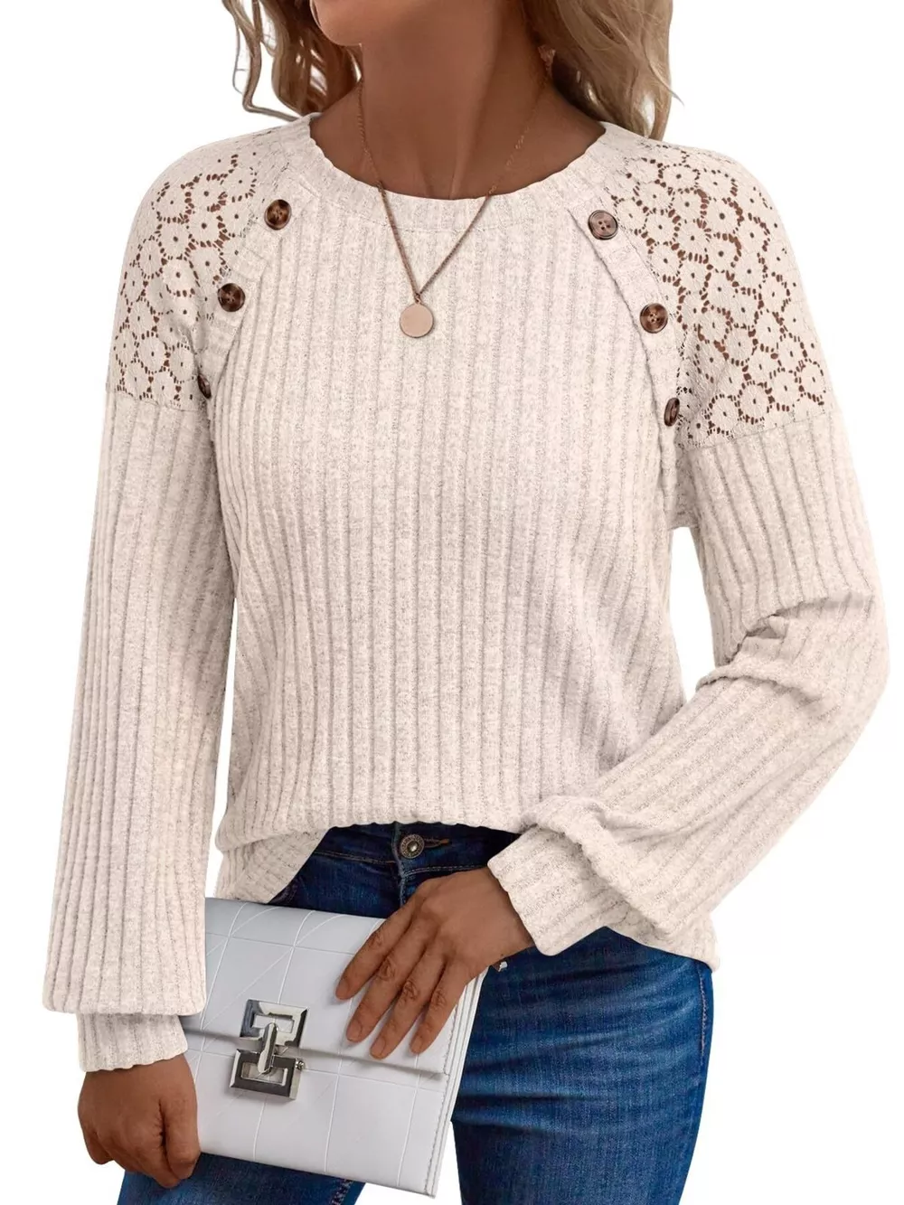 Ribbed Knit T-Shirt with Lace Shoulder Detail, image 13
