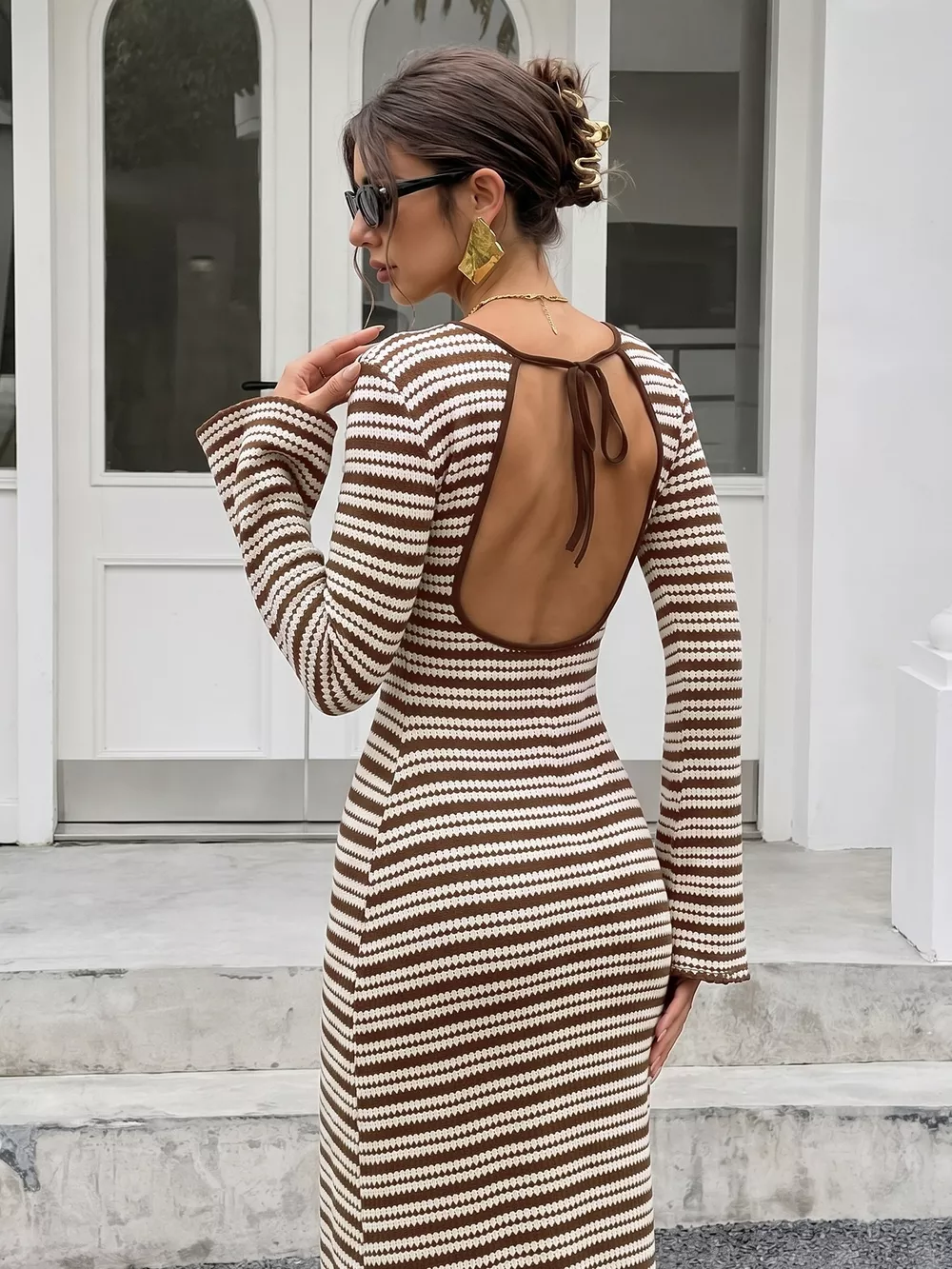 Striped Flare Sleeve Ribbed Knit Dress, image 6