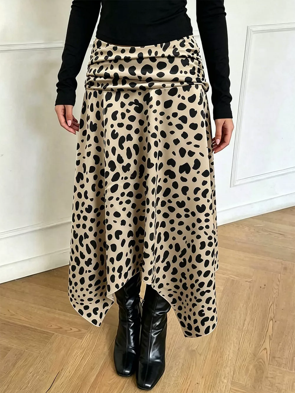 Leopard Print Asymmetrical Hem Midi Skirt, image 2