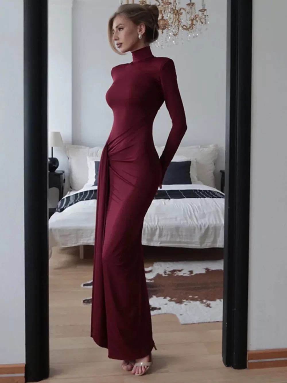 Turtleneck Long Sleeve Tie Waist Maxi Dress, image 13