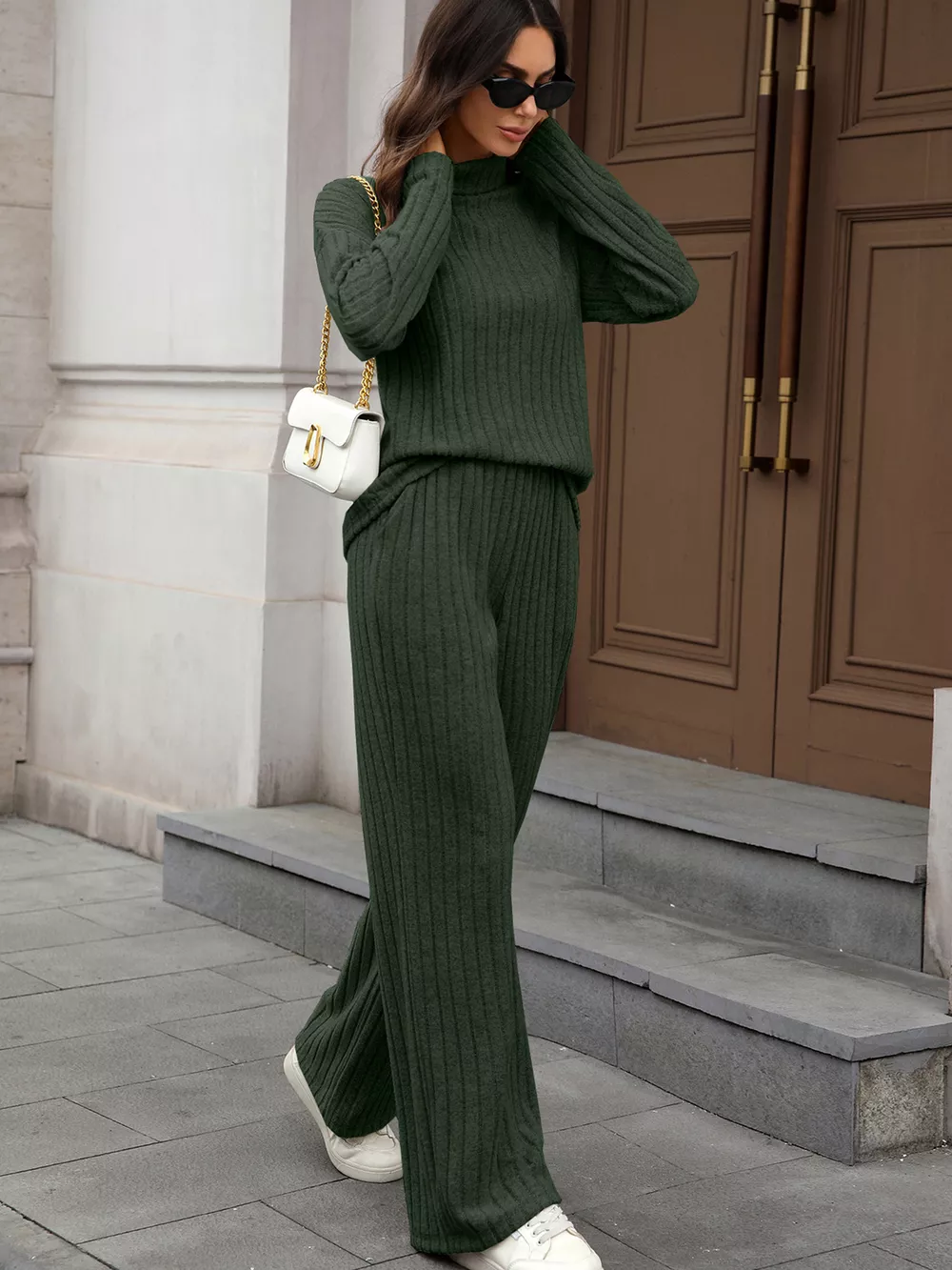 Ribbed Turtleneck Dropped Shoulder Top and Pants Sweater Set, image 14