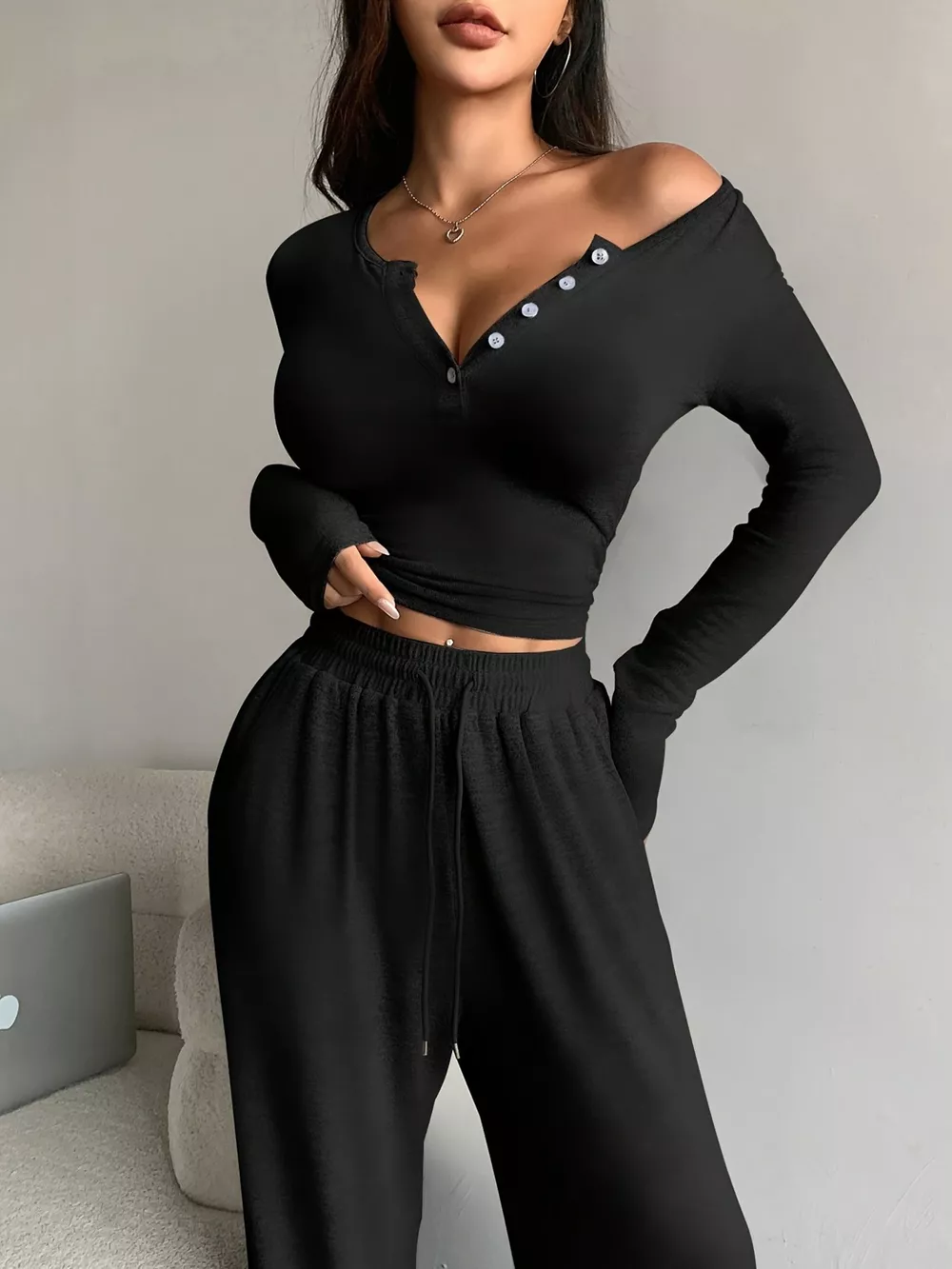 Button Detail Long Sleeve Top and Wide-Leg Pants Set, image 4
