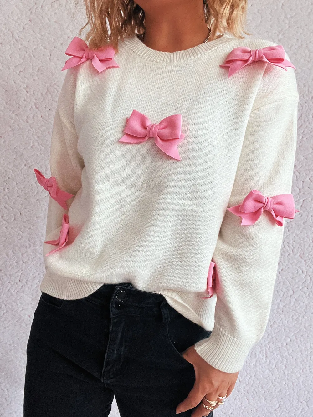 Bow Round Neck Long Sleeve Sweater, image 2