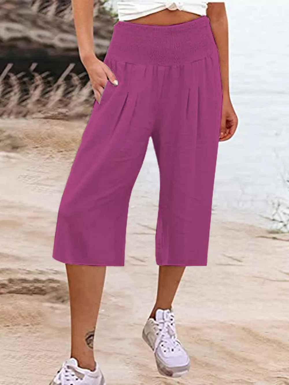 Smocked Wide-Leg Capri Pants, image 18