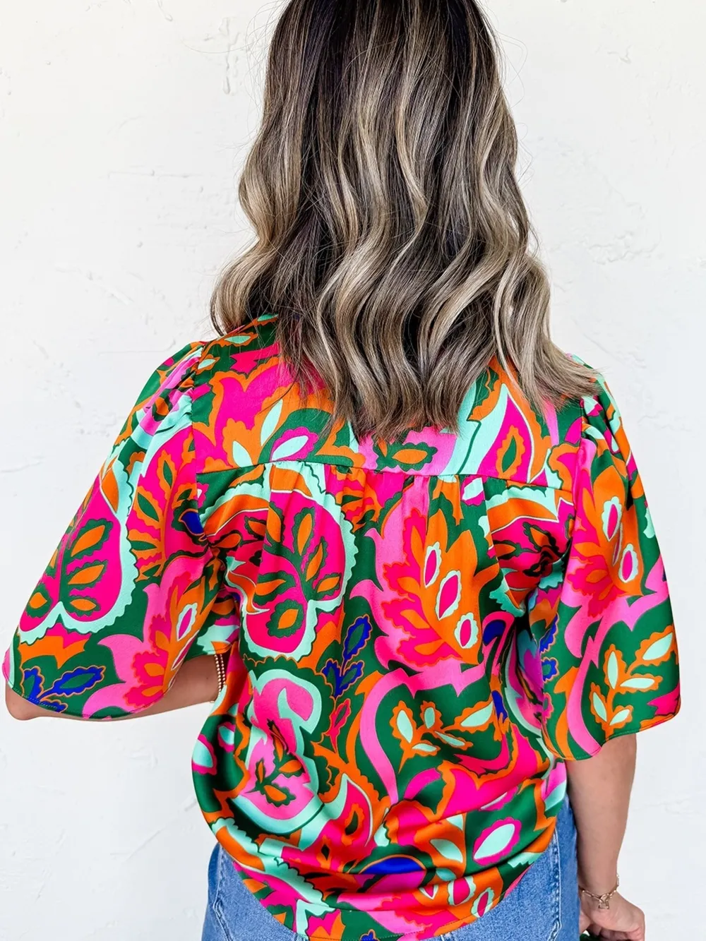 Tropical Print Short Sleeve Tie Neck Blouse, image 10