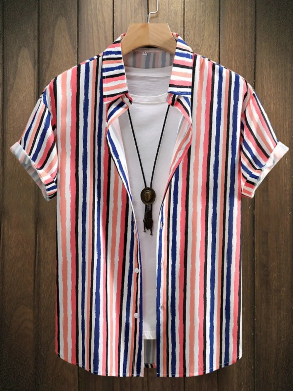 Men's Striped Button Up Short Sleeve Shirt