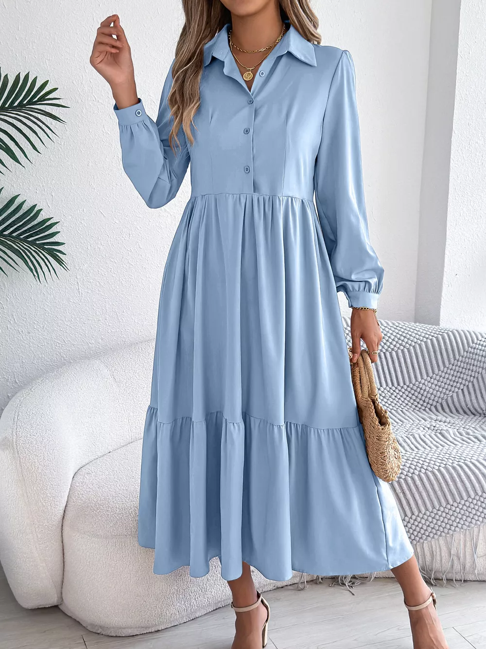Long Sleeve Tiered Button Front Midi Dress, image 13