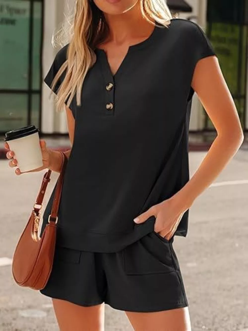 Button Detail Short Sleeve Top and Shorts Set, image 3
