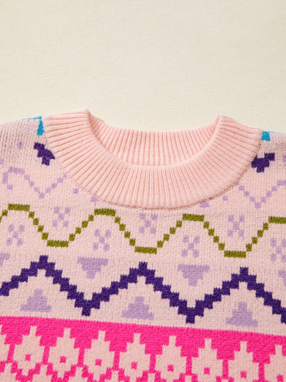 Multicolour Ethnic Christmas Pattern Knit Feather Cuffed Sweater, image 5