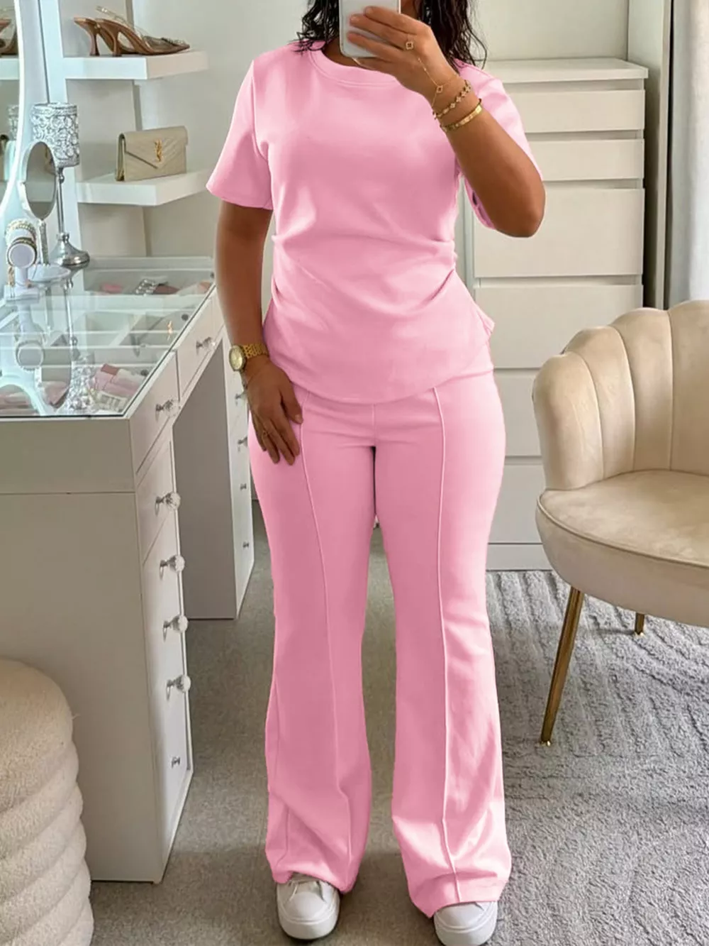 Round Neck Short Sleeve Top and Pants Set, image 4