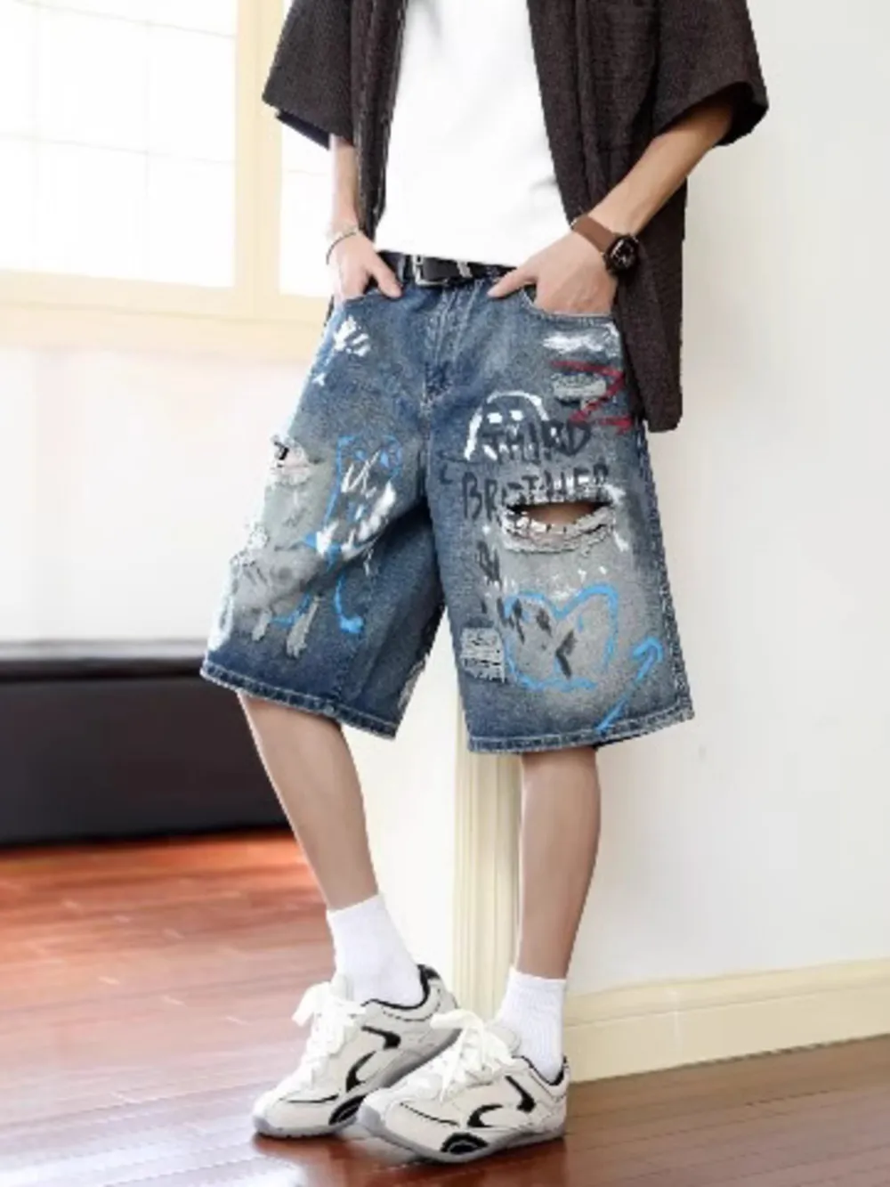 Men's Plus Size Distressed Loose Fit Denim Shorts, image 3