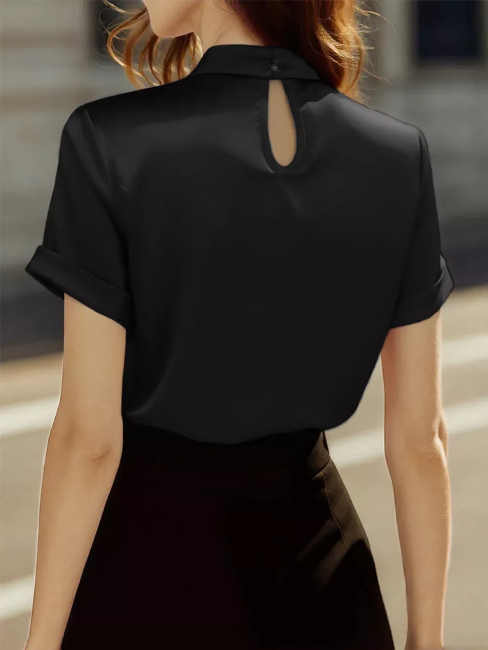Keyhole Neck Satin Short Sleeve Blouse, image 6