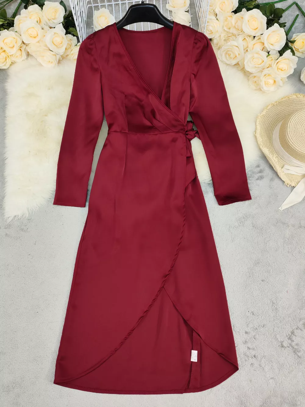 Surplice Satin Long Sleeve Dress, image 6