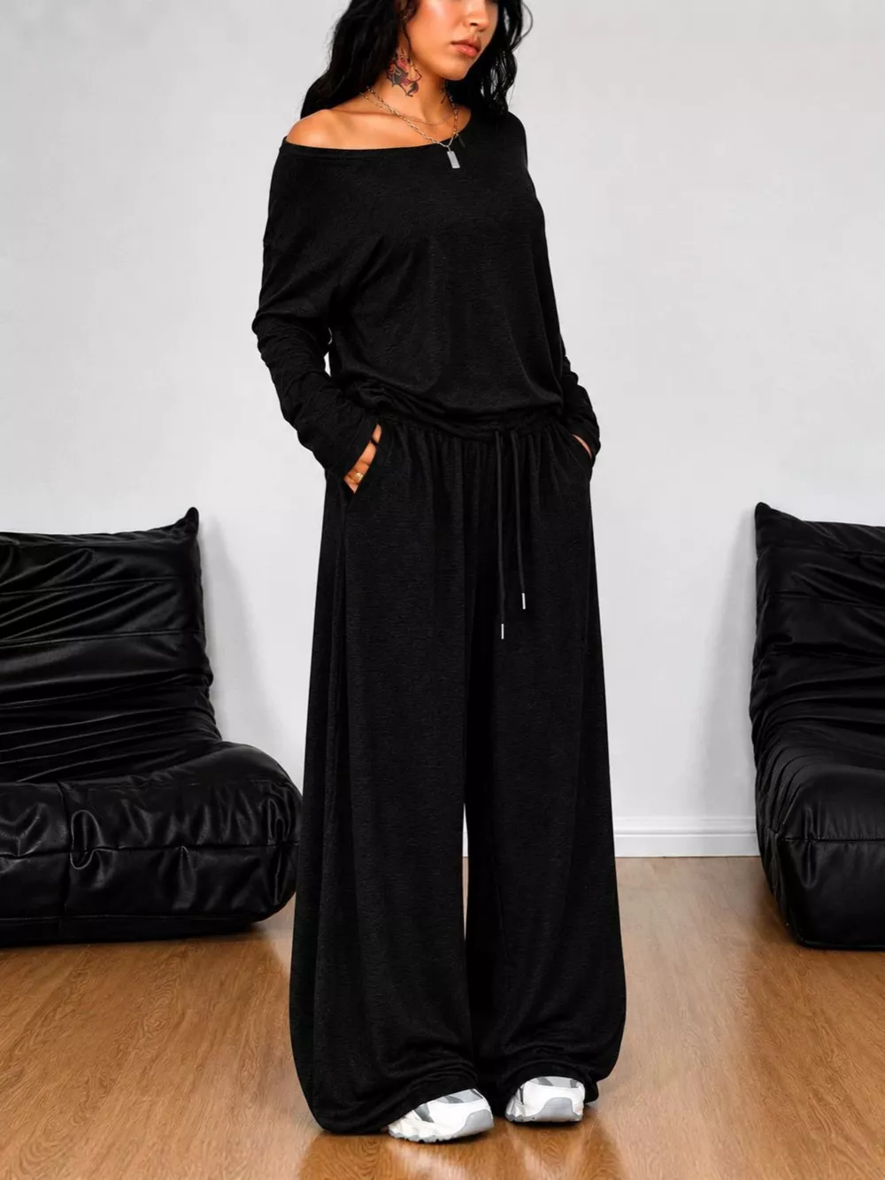 Boat Neck Long Sleeve Top and Wide-Leg Pants Set, image 4