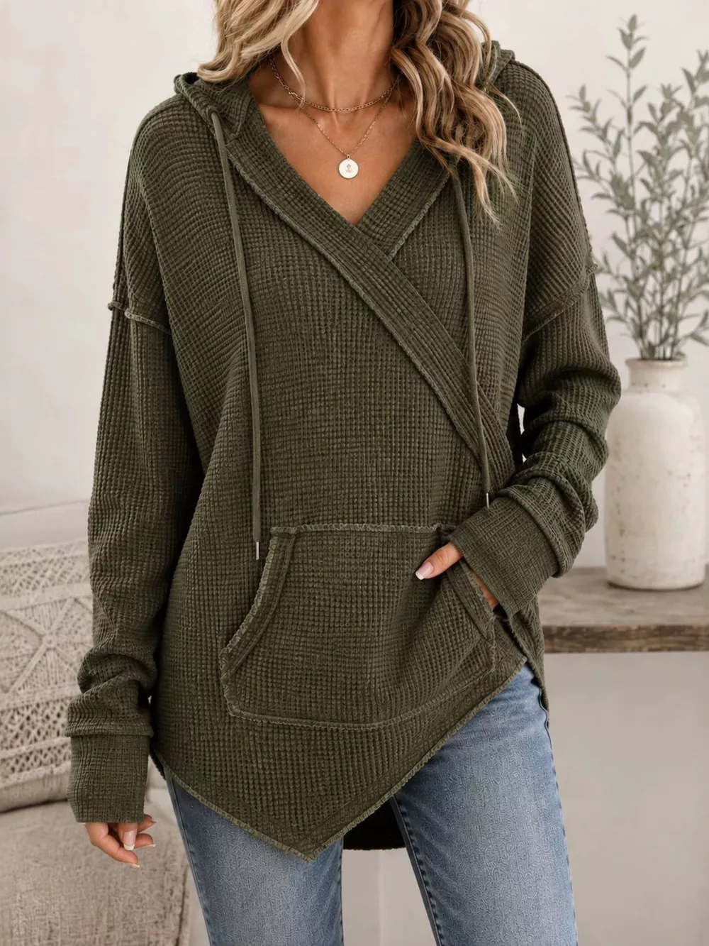 Drawstring Waffle Knit Hoodie, image 7