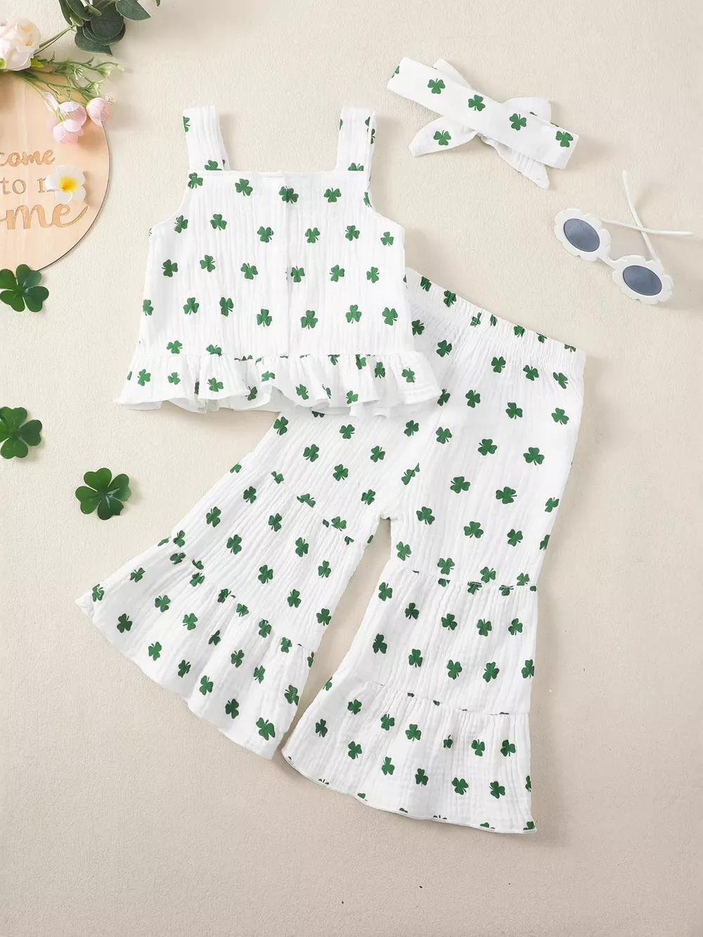 Children's Shamrock Print Ruffle Set with Headband, image 6
