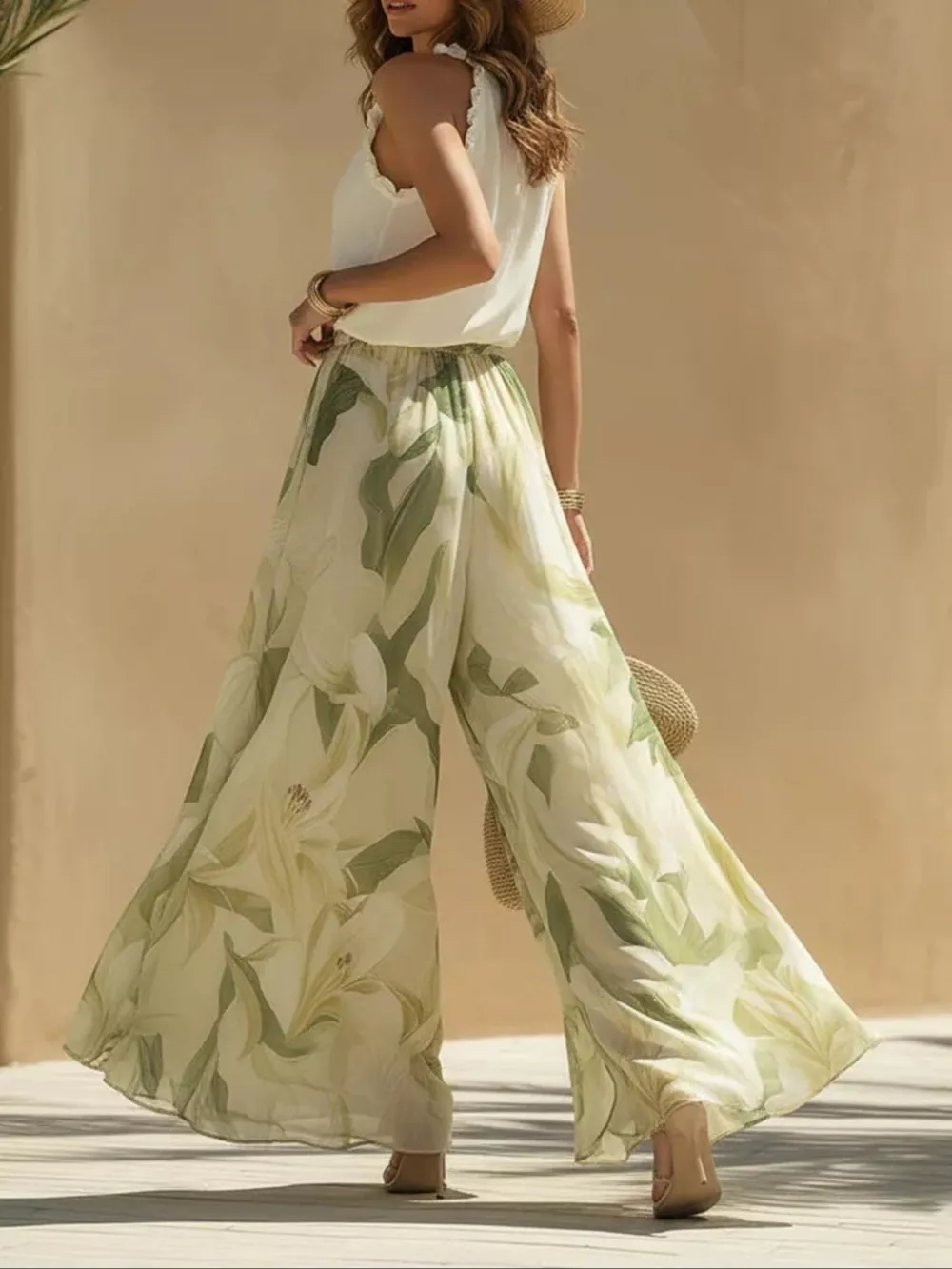 Frill Sleeveless Top and Wide-Leg Pants Two-Piece Set, image 3