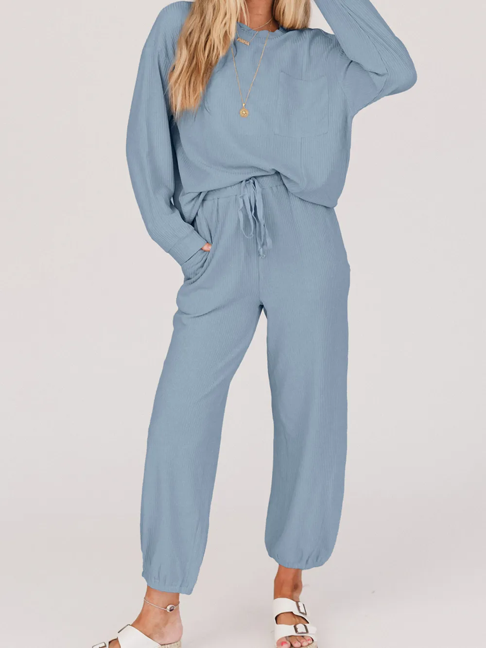 Ribbed Round Neck Sweatshirt and Drawstring Pants Set, image 5