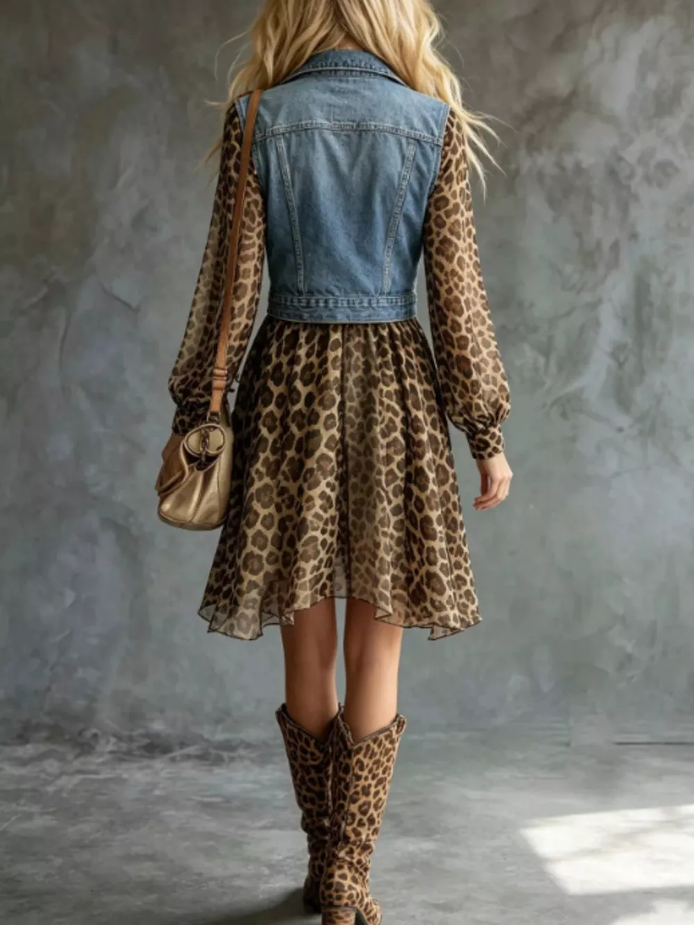 Full Size Denim Leopard Patchwork Mini Dress Plus Size, image 2