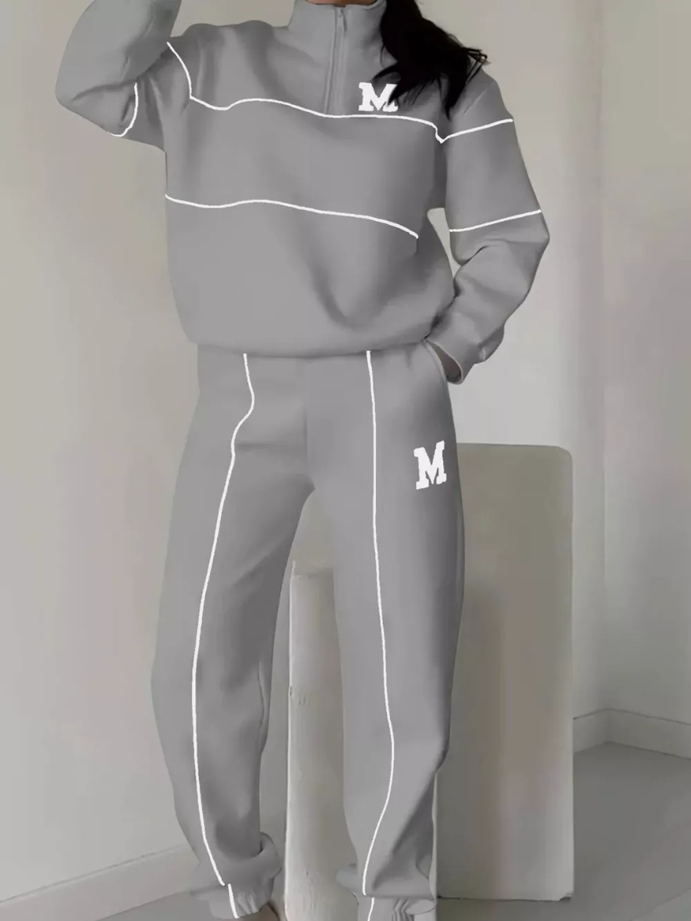 Full Size Striped Quarter Zip Top and Pants Set Plus Size, image 11