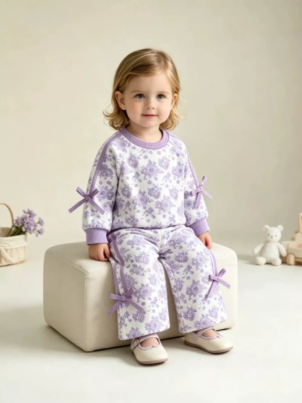 Children's Floral Print Round Neck Top and Pants Two-Piece Lounge Set