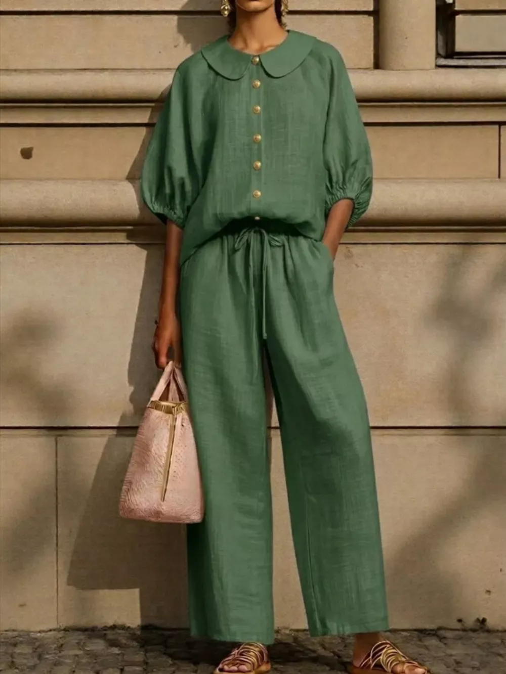 Full Size Button Down Half Sleeve Top and Pants Set Plus Size, image 7