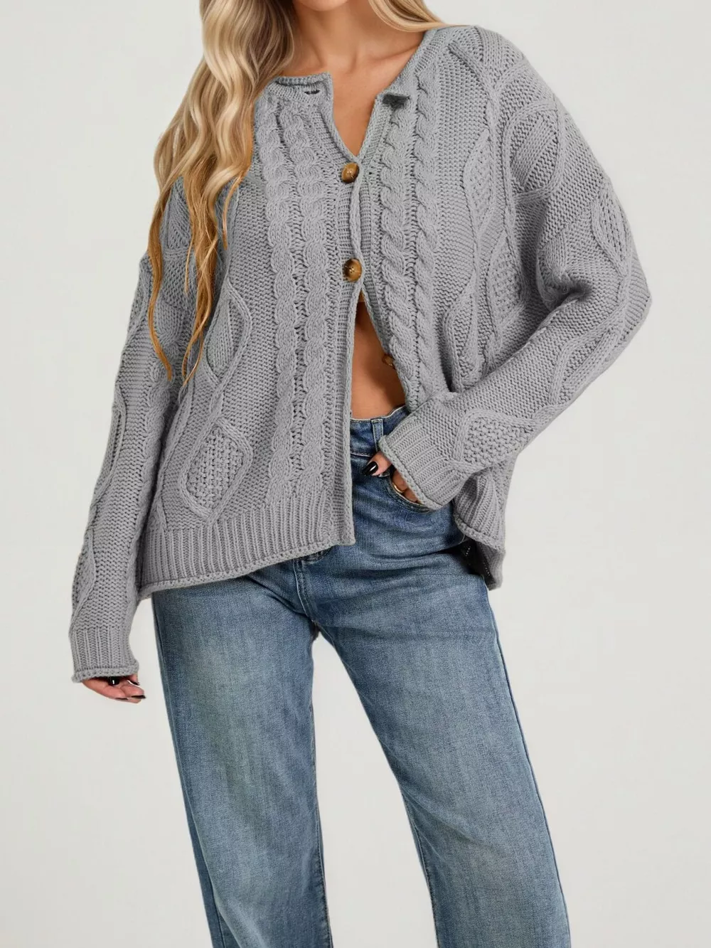 Cable-Knit Button-Down Cardigan, image 4