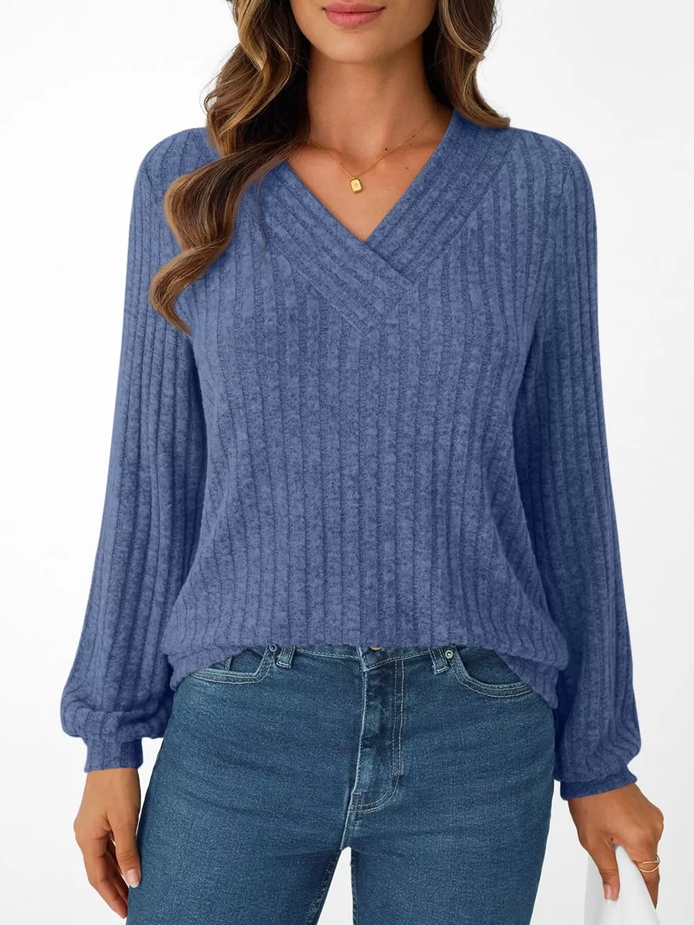 Ribbed Knit V-Neck Long Sleeve T-Shirt, image 23