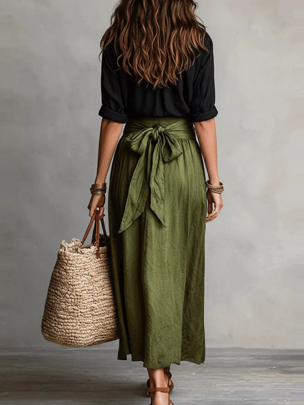 Button-Down Shirt and High-Waisted Tie-Front Maxi Skirt Set, image 3