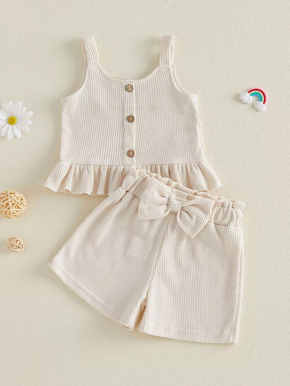 Children's Waffle Knit Tank Top and Bow Shorts Set