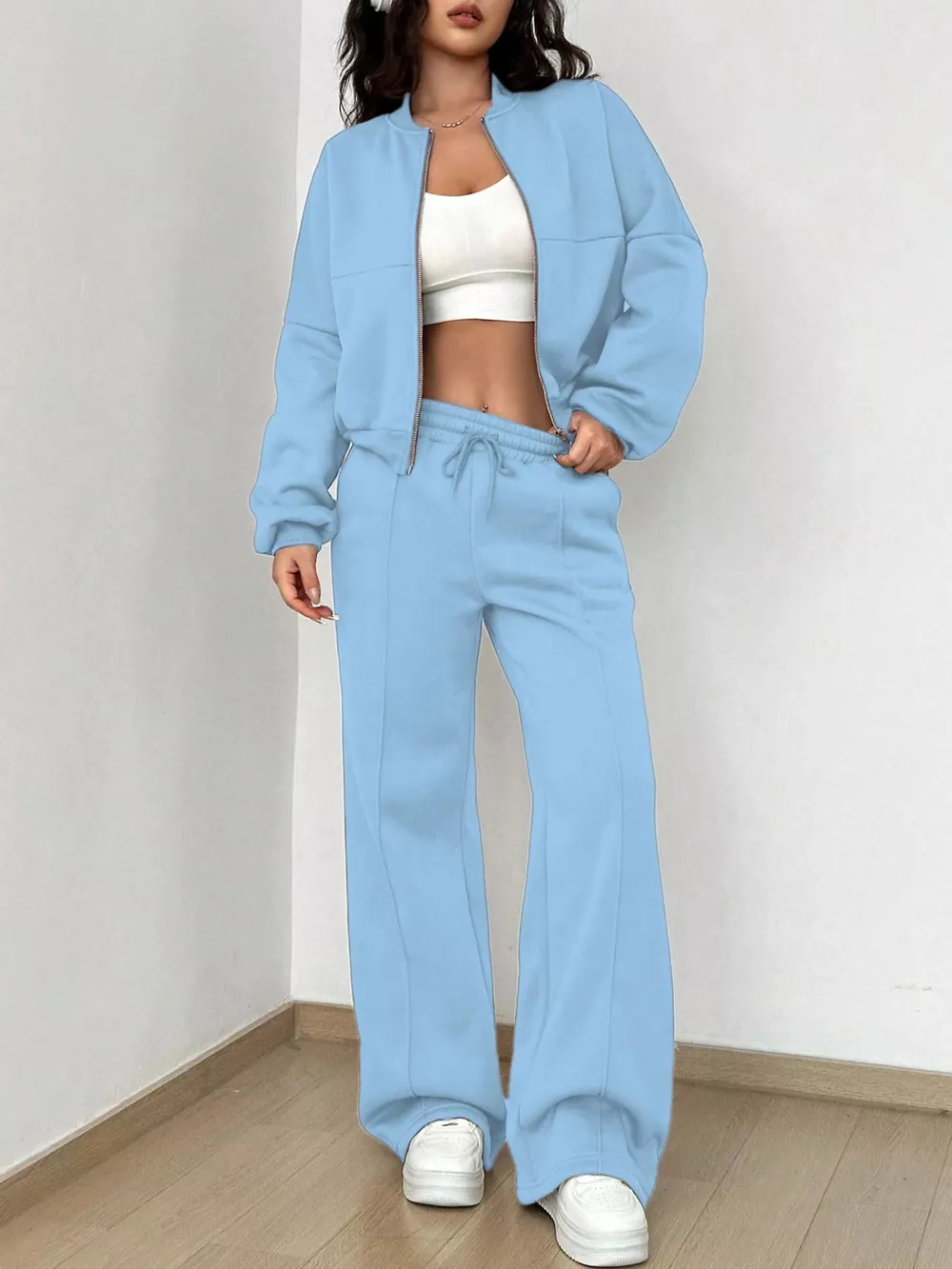 Casual Solid Color Zipper Jacket and Wide Leg Pants Set, image 14
