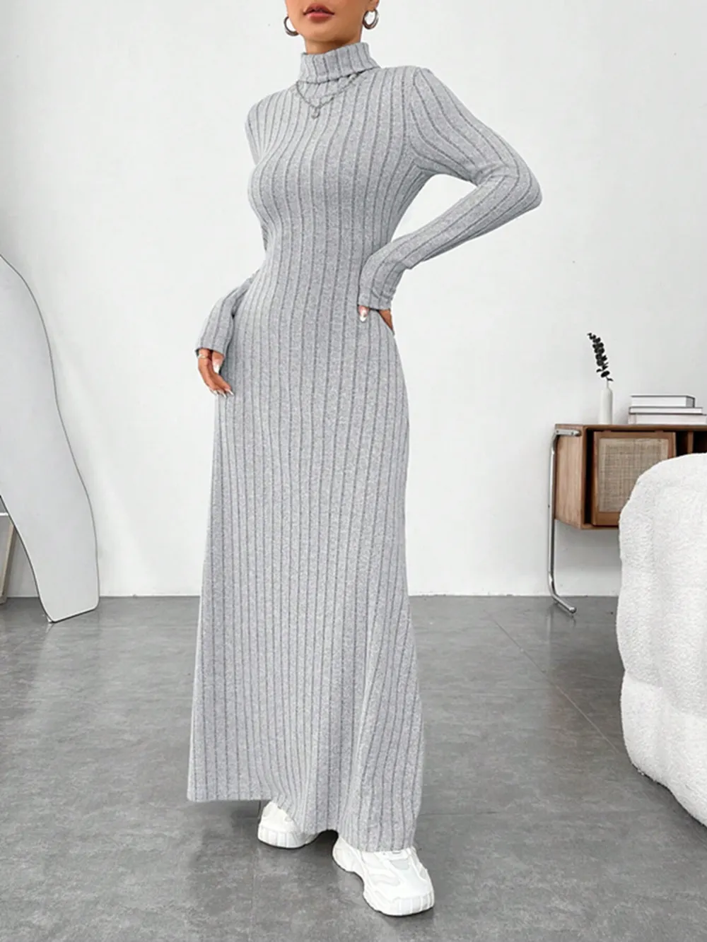Ribbed Turtleneck Long Sleeve Maxi Knit Dress, image 4