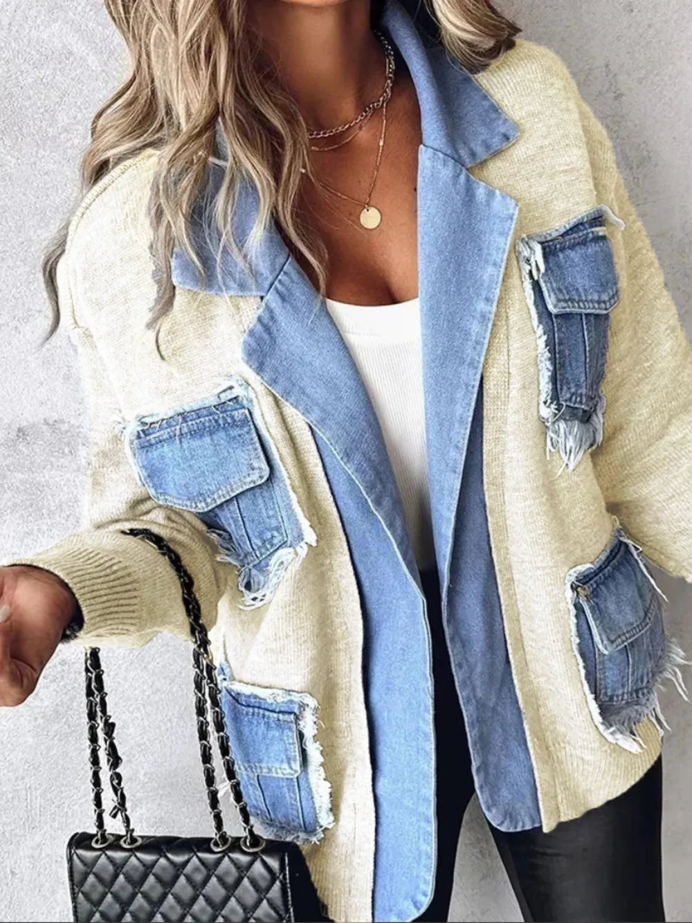 Raw Hem Denim Pocket Patchwork Cardigan, image 10