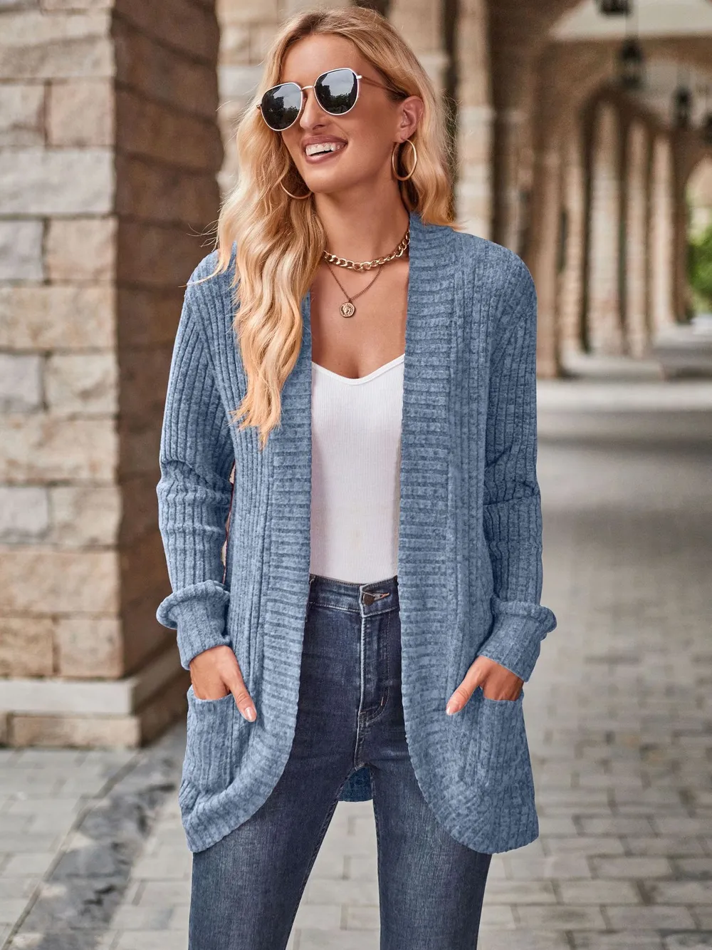 Ribbed Open Front Long Cardigan with Pockets, image 14