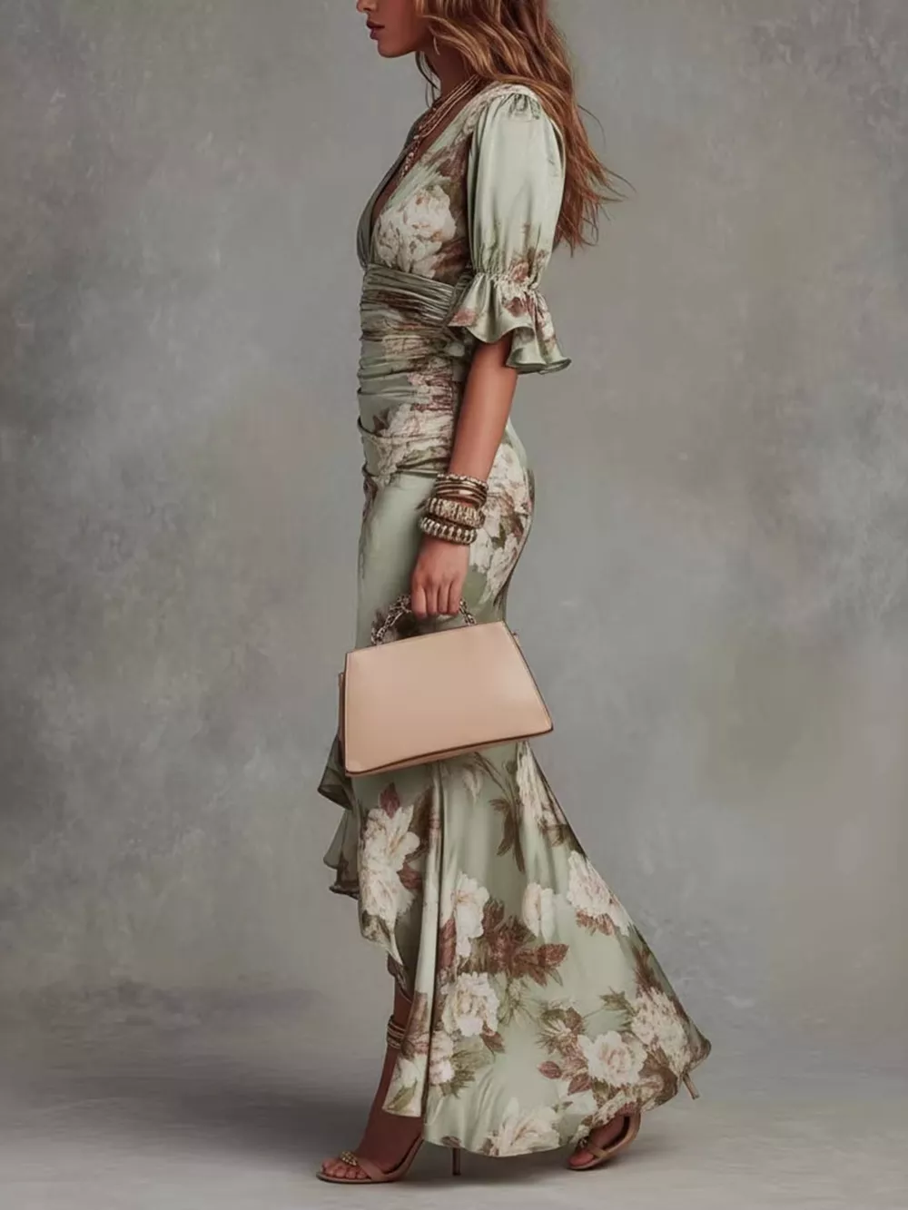 Floral Ruched High-Low Midi Dress, image 3