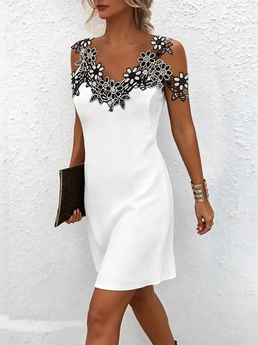 Lace Floral Trim Cold Shoulder Mini Dress, image 6