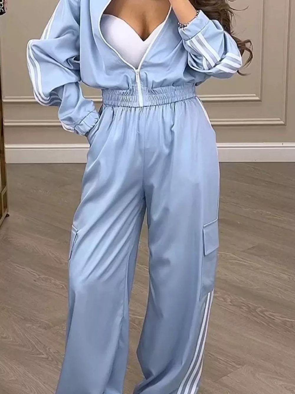 Full Size Side Striped Zip Up Outerwear and Pants Set Plus Size, image 9