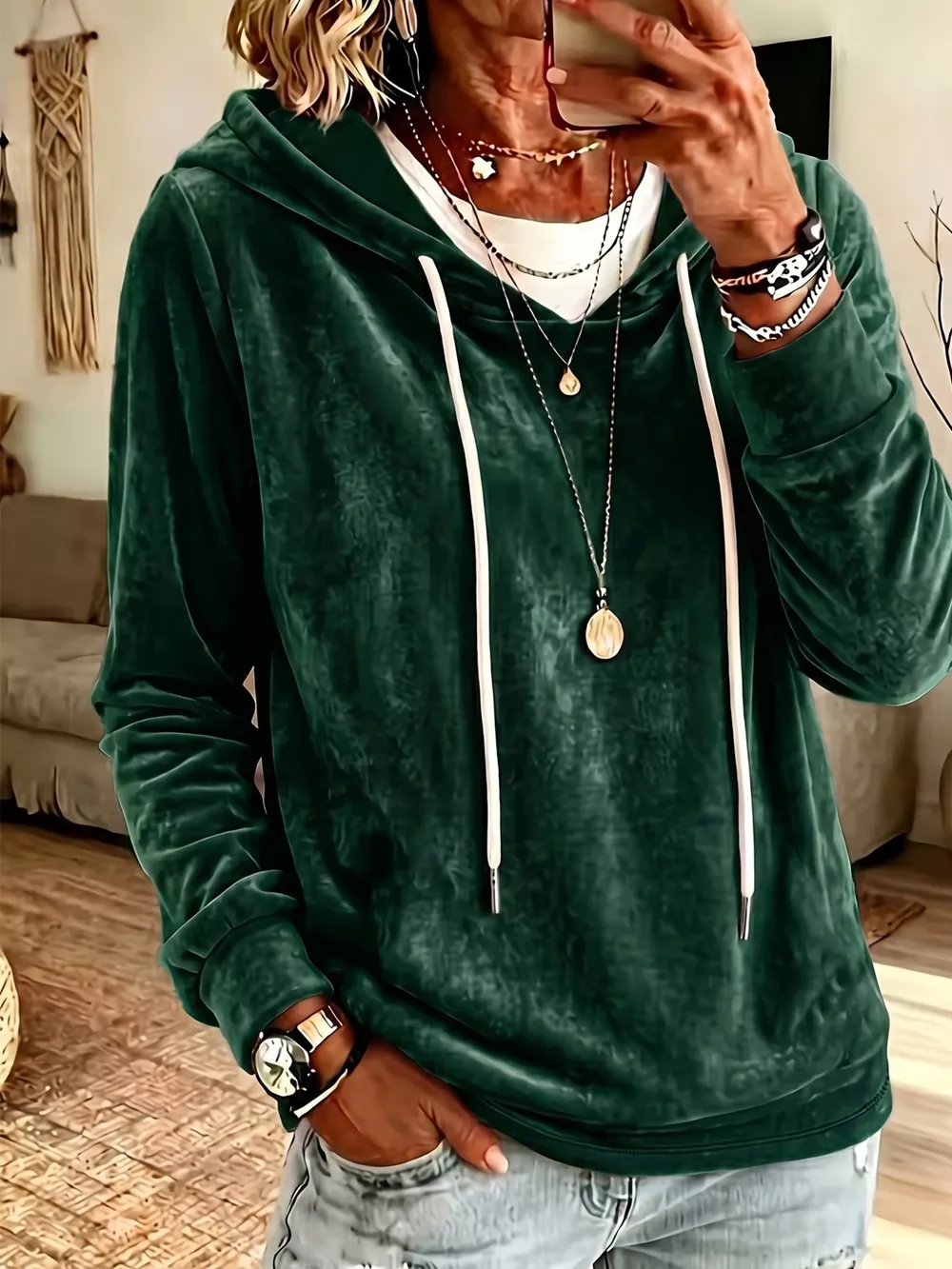 Full Size Drawstring Velvet Long Sleeve Hoodie Plus Size, image 7